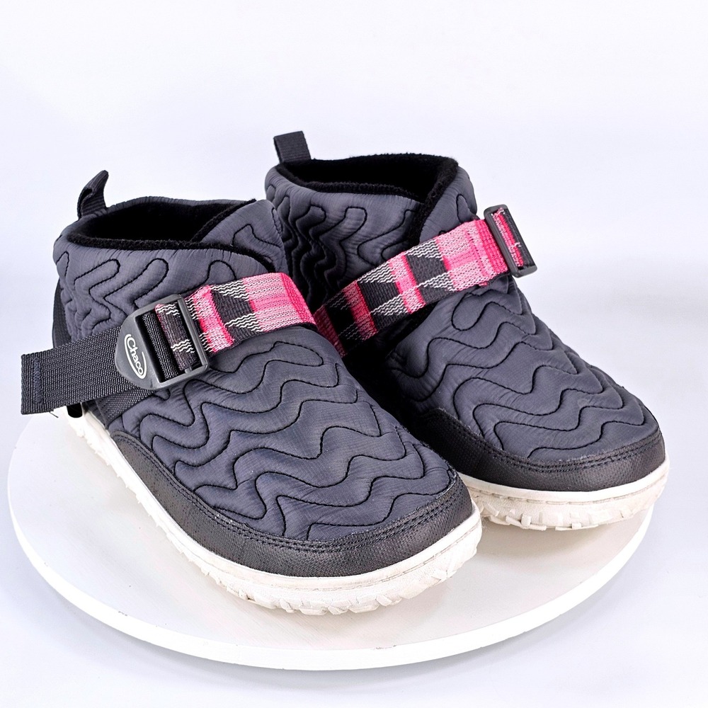 Chaco Ramble Puff Mid Quilted Boots Grey Pink Plaid Strap Women Size 9.5